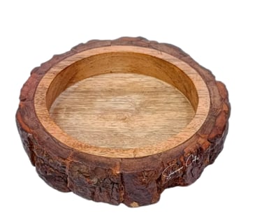 Handcrafted wooden candle dough bowl with natural bark by Saharanpur Craft