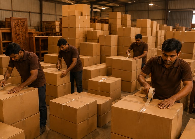 Warehouse workers sealing cardboard shipping boxes with packing tape for logistics and distribution.