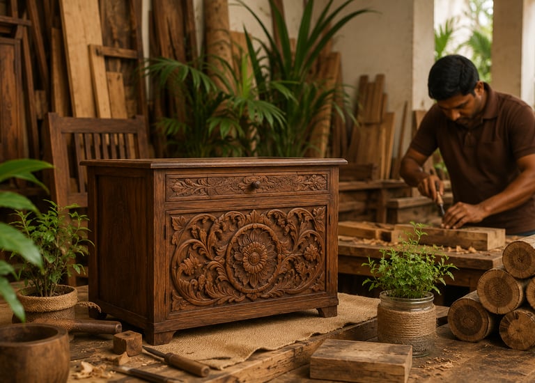A carpenter carves a decorative wooden chest in a woodworking workshop with traditional floral patterns.