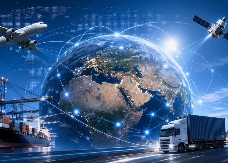 Global logistics network with cargo ship, airplane, semi truck, and satellite surrounding Earth globe.
