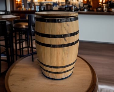 Rustic wooden barrel decor used as a table center piece in a modern bar setting.