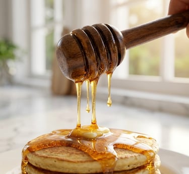 Golden organic honey dripping from a wooden dipper onto a stack of fresh breakfast pancakes.