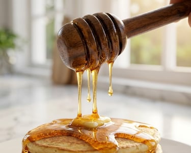 Golden organic honey dripping from a wooden dipper onto a stack of fresh breakfast pancakes.