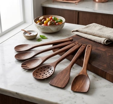 Handcrafted wooden kitchen utensils set on a marble countertop with a walnut cutting board.