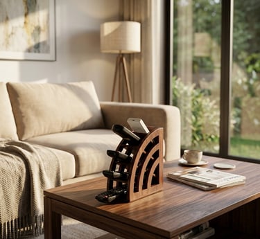 Wooden remote control holder on a walnut coffee table in a modern living room setting.