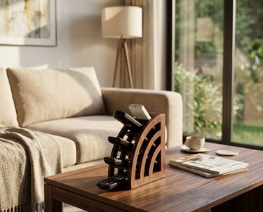 Wooden remote control holder on a walnut coffee table in a modern living room setting.