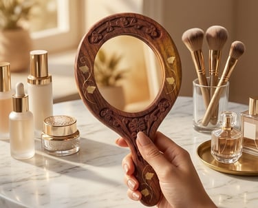 A hand holding an ornate wooden hand mirror on a marble vanity with luxury skincare products and makeup brushes.